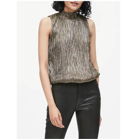 NWT Banana Republic Metallic High-Neck Blouse Wrap Back Grey Gold Size M Medium - Picture 1 of 15